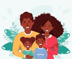 Happy african american family with son and daughter. Parents hugging children. Vector illustration