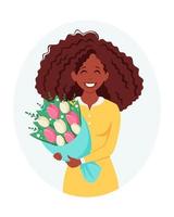 Black woman with bouquet of flowers. Womens Day, Mothers Day. Vector illustration.