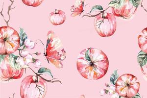 Seamless pattern with watercolor apples and leaves vector