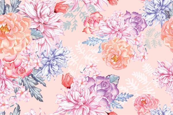 Seamless pattern of watercolor Blooming flowers with watercolor 17