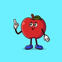 lindo personaje de manzana con cara feliz y gesto apuntando hacia arriba vector