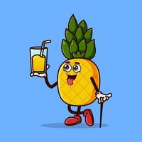 lindo personaje de piña con jugo de piña en la mano vector