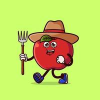 Cute Apple Farmer character with pitchfork vector