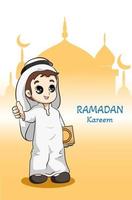 Little muslim boy with book at ramadan kareem cartoon illustration vector