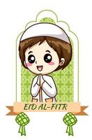 Cute boy greeting muslim holiday mubarak cartoon illustration vector