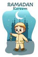 Muslim boy happy fasting at ramadan cartoon illustration vector