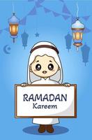 Little muslim boy at ramadan kareem cartoon illustration vector