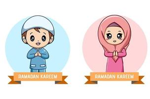 Little muslim girl and boy at ramadan kareem cartoon illustration vector