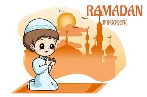 Little muslim boy praying at ramadan kareem cartoon illustration vector