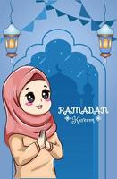 feliz, musulmán, niña, en, ramadan kareem, caricatura, ilustración vector