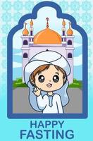 Happy fasting little muslim boy in ramadan kareem cartoon illustration vector