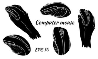 ratón de computadora. colocar. silueta. ratón de la computadora en la mano. vector