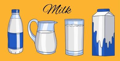 Set of vector illustrations in cartoon style of glass bottles with milk. Milk in a glass, a jug, in a cardboard box, in a bottle.