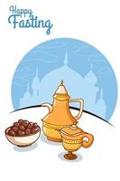 Happy fasting with tea and dates at ramadan mubarak cartoon illustration vector