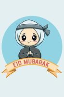 Muslim girl celebrating mubarak cartoon illustration vector