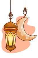 Lantern and moon at mubarak night cartoon illustration vector