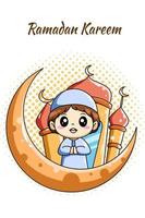 Cute muslim boy with moon and mosque at ramadan kareem cartoon illustration vector