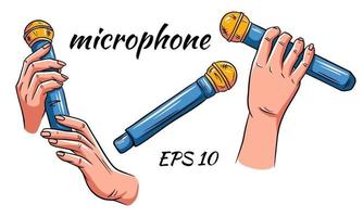 Microphone set. Microphone in hands isolated vector