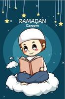 lindo niño musulmán leyendo un libro en la ilustración de dibujos animados de la noche de ramadán