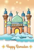 Mosque in the sky at ramadan kareem cartoon illustration vector