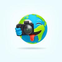 Cute Earth character making foto. 3d style funny Earth characters vector