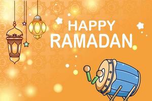 Lantern and mosque drum background happy ramadan cartoon illustration vector