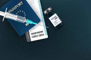 Vaccination passport concept. 3d style vector illustration with vial, passport and syringe