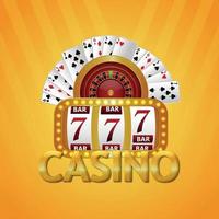Casino gambling game with vector illustration of playing cards, slot machine and roulette wheel