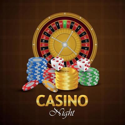 Casino gambling game with gold coin, chips, roulette wheel and dice