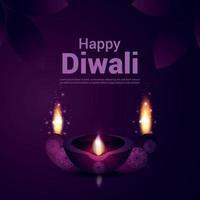 festival de diwali de la tarjeta de felicitación de la invitación ligera con diya sobre fondo púrpura vector