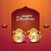 Happy dhanteras vector illustration greeting card with gold coin pot