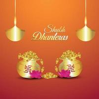 Ilustración creativa de la tarjeta de felicitación de invitación shubh dhanteras con olla de monedas de oro con fondo creativo vector