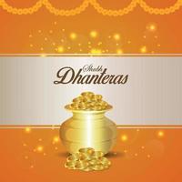 Ilustración creativa de la tarjeta de felicitación de invitación shubh dhanteras con olla de monedas de oro con fondo creativo vector