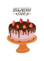 Strawberry cake in flat design. Desert with chocolate and strawberries on a plate. Design cake. Biscuit pie with berries. vector