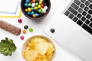 Bowl with unhealthy snacks next to laptop