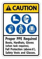 Caution Sign Proper PPE Required Boots, Hardhats, Gloves When Task Requires Fall Protection With PPE Symbols vector