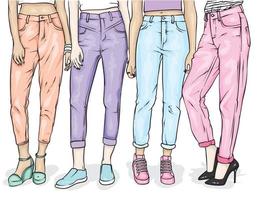 Women's legs in stylish jeans, sneakers and high-heeled shoes. Fashion and style, clothing and footwear.