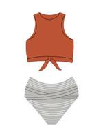 Female sports swimsuit-two-piece. Modern fashion stylish swimsuit. Vector Flat Cartoon Illustration. Bathing clothes for swimming in the pool, in the sea.