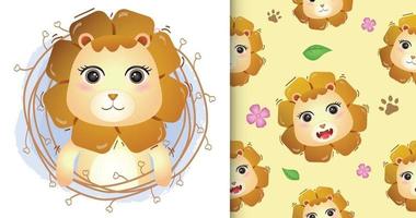 cute lioness with twigs seamless pattern and illustration designs vector