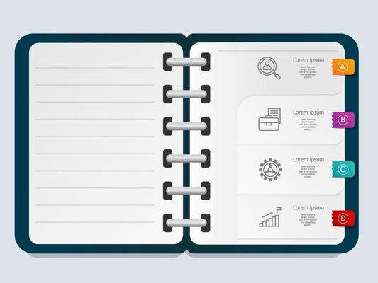 abstract infographics presentation element note book template with business icon