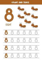 Tracing numbers worksheet with cute ants. Trace number 8. vector