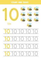 Tracing numbers worksheet with cute bee. Trace number 10. vector