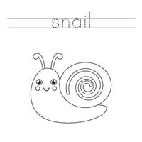 Tracing letters with cute snail. Writing practice for kids. vector