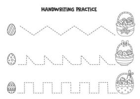 Tracing lines with black and white Easter baskets and eggs. Writing practice. vector