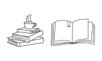 Pile of books with cup of tea, open book, line drawing. Vector object illustration, minimalism hand drawn sketch design. Concept of study and knowledge