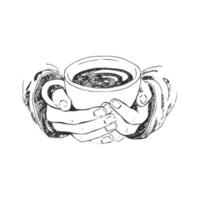 Boceto dibujado a mano de manos sosteniendo una taza de café, té, etc. ilustración vectorial aislada sobre fondo blanco. dibujo realista de una hermosa mano sosteniendo una taza con una bebida caliente vector