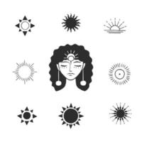 rostro de mujer y sol. dibujado a mano. elementos de diseño, tatuajes, pegatinas. Ilustración sobre el tema del salón de belleza, masajes, cosméticos, spa. ilustración vectorial aislado en un fondo blanco. vector