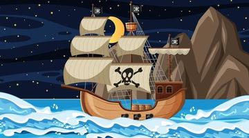 océano con barco pirata en la escena nocturna en estilo de dibujos animados vector