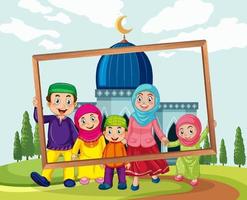 Happy family holding photo frame with mosque on the background vector