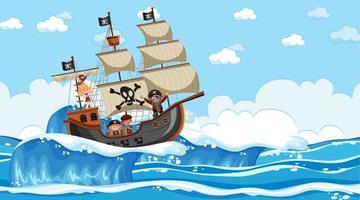 Beach with Pirate ship at daytime scene in cartoon style vector